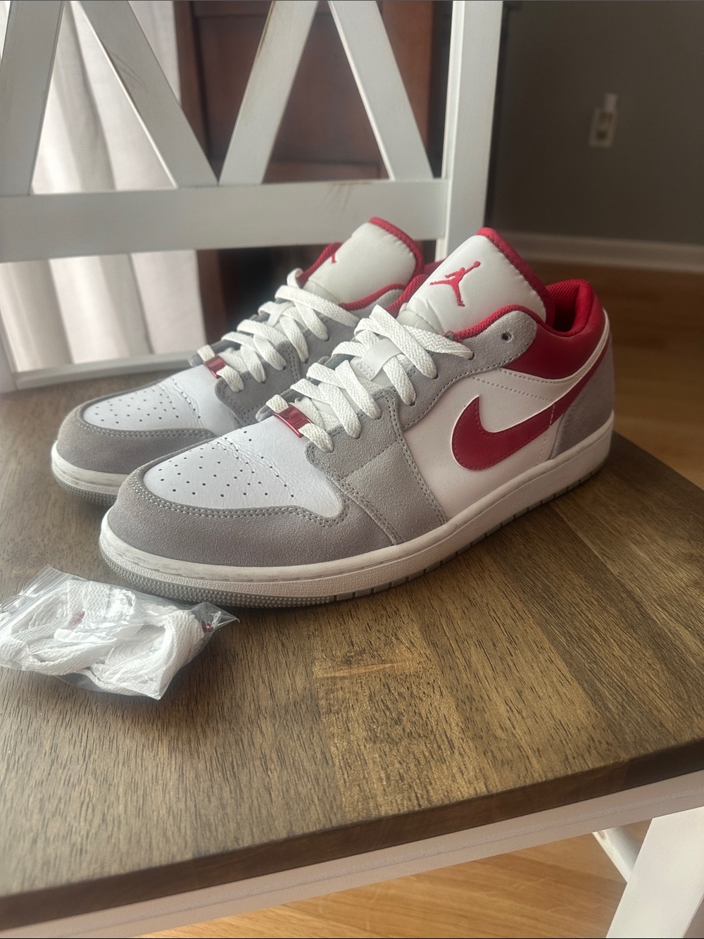 Jordan Low-Top Sneakers in White, Gray & Red Accents - Picture 2 of 4